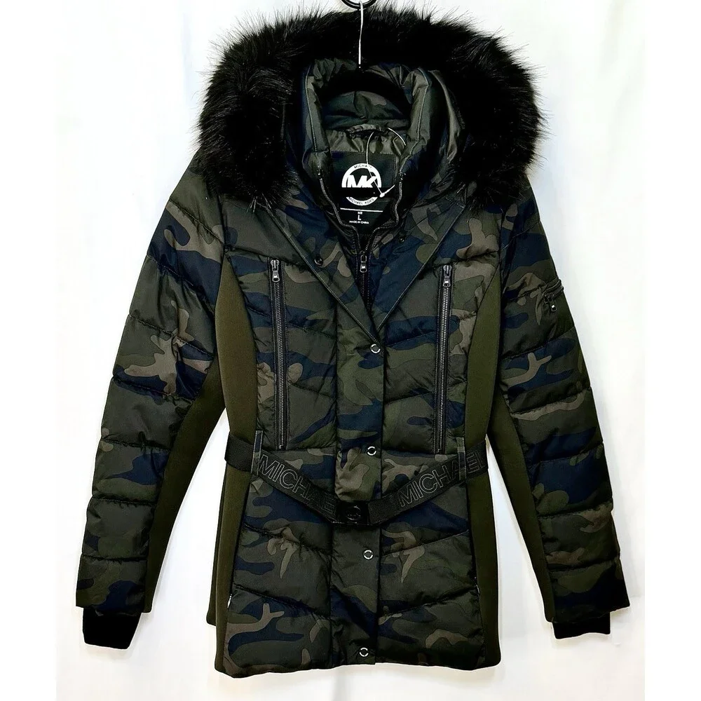 Michael Kors Camo Puffer Faux Fur Trim Hooded Coat Jacket Belted Size Large NWOT